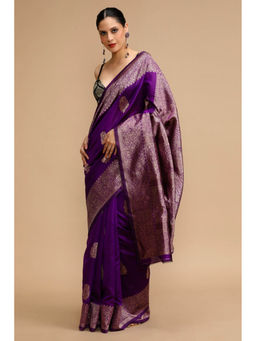 Mysilklove - Jasmine Purple Woven Jacquard Lichi Silk Saree with Unstitched Blouse