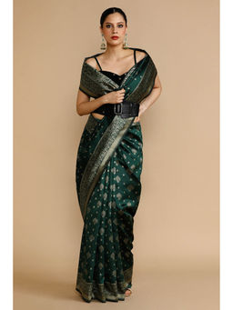 Mysilklove - Hunter Green Woven Jacquard Lichi Silk Saree with Unstitched Blouse