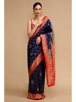 Mysilklove - Midnight Navy Blue Jacquard Lichi Silk Saree with Unstitched Blouse