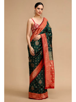 Mysilklove - Sage Green and Red Woven Jacquard Lichi Silk Saree with Unstitched Blouse