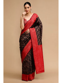 Mysilklove - Bean Black and Red Woven Jacquard Lichi Silk Saree with Unstitched Blouse