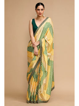 Mysilklove - Moss Yellow Printed Jacquard Lichi Silk Yellow Saree with Unstitch Blouse