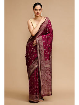 Mysilklove - Jam Wine Woven Jacquard Lichi Silk Saree with Unstitched Blouse