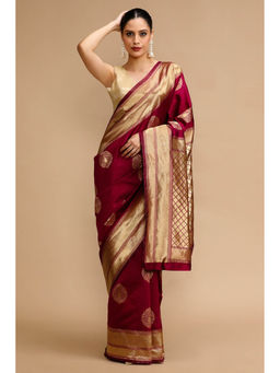 Mysilklove - Candy Red Woven Jacquard Lichi Silk Saree with Unstitched Blouse