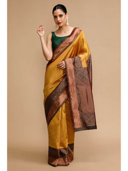 Mysilklove - Saffron Yellow Woven Jacquard Lichi Silk Saree with Unstitched Blouse