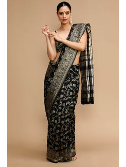 Mysilklove - Coal Black Woven Jacquard Lichi Silk Saree with Unstitched Blouse