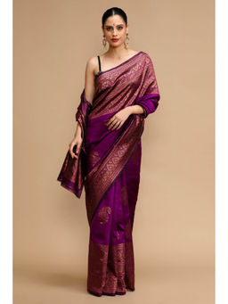 Mysilklove - Cadmium Purple Woven Jacquard Lichi Silk Saree with Unstitched Blouse