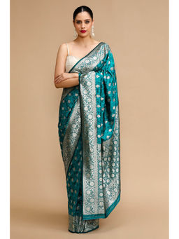 Mysilklove - Viridian Teal Woven Jacquard Lichi Silk Saree with Unstitched Blouse