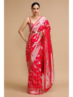 Mysilklove - Rosewood Pink Woven Jacquard Lichi Silk Saree with Unstitched Blouse
