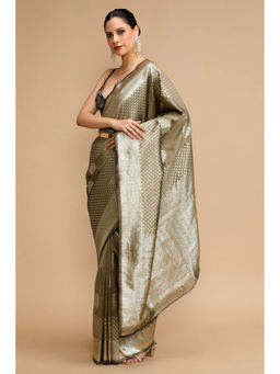 Mysilklove - Bronze Gold Woven Jacquard Lichi Silk Saree with Unstitched Blouse