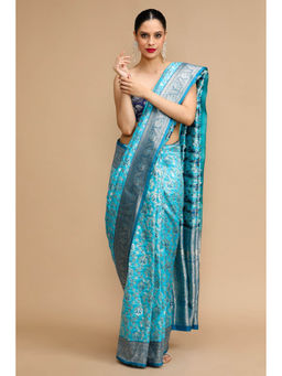 Mysilklove - Tiffany Blue Woven Jacquard Lichi Silk Saree with Unstitched Blouse
