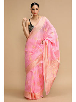 Mysilklove - Foxy Pink Woven Jacquard Lichi Silk Saree with Unstitched Blouse