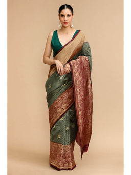 Mysilklove - Fern Green and Red Woven Jacquard Lichi Silk Saree with Unstitched Blouse