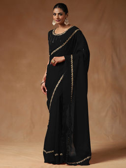 Sareemall - Women Tissue Black Embellished Designer Saree with Unstitched Blouse