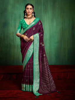MEENA BAZAAR - Abstract Printed Art Silk Maroon Saree with Unstitched Blouse