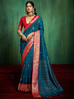 MEENA BAZAAR - Abstract Printed Art Silk Teal Saree with Unstitched Blouse