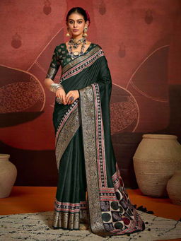 MEENA BAZAAR - Zari Border Art Silk Green Saree with Unstitched Blouse