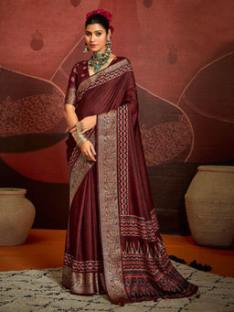 MEENA BAZAAR - Zari Border Art Silk Maroon Saree with Unstitched Blouse