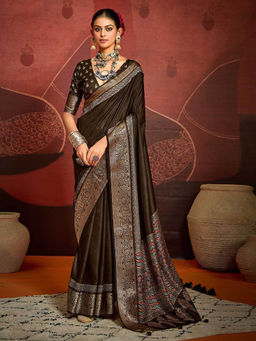 MEENA BAZAAR - Zari Border Art Silk Brown Saree with Unstitched Blouse