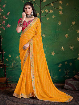 MEENA BAZAAR - Bandhani Print Georgette Green Saree with Unstitched Blouse