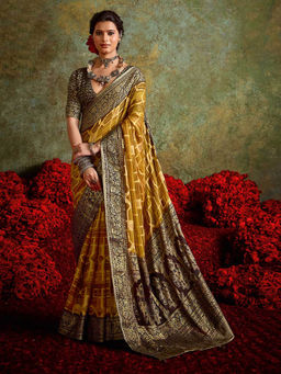 MEENA BAZAAR - Printed Georgette Mustard Saree with Unstitched Blouse