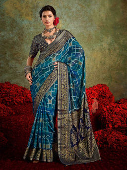 MEENA BAZAAR - Printed Georgette Blue Saree with Unstitched Blouse