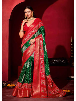 MEENA BAZAAR - Bandhani Printed Art Silk Woven Green Saree with Unstitched Blouse