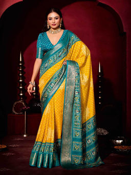 MEENA BAZAAR - Bandhani Printed Art Silk Woven Yellow Saree with Unstitched Blouse