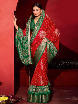 MEENA BAZAAR - Bandhani Printed Art Silk Woven Red Saree with Unstitched Blouse