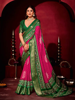 MEENA BAZAAR - Bandhani Printed Art Silk Woven Blue Saree with Unstitched Blouse