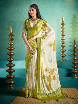 MEENA BAZAAR - Digital Printed Georgette Mehendi Green Saree with Unstitched Blouse