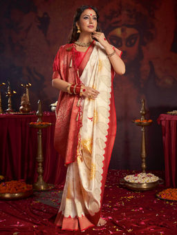 Sareemall - Women Satin Silk Off White Woven Saree with Unstitched Blouse