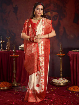 Sareemall - Women Satin Silk Off White Woven Saree with Unstitched Blouse