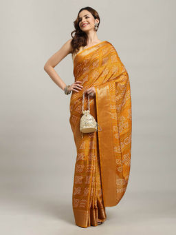 MEENA BAZAAR - Bandhani Printed Dola Cotton Mustard Saree with Unstitched Blouse