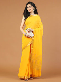 MEENA BAZAAR - Stone Booti Chiffon Woven Mustard Saree with Unstitched Blouse