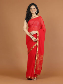 MEENA BAZAAR - Stone Booti Chiffon Woven Red Saree with Unstitched Blouse