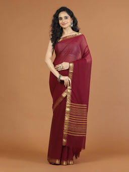 MEENA BAZAAR - Stone Booti Chiffon Woven Maroon Saree with Unstitched Blouse