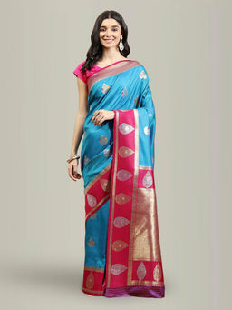MEENA BAZAAR - Zari Jaal Woven Art Silk Blue Saree with Unstitched Blouse