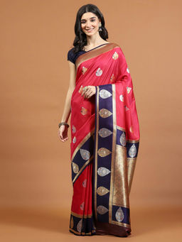 MEENA BAZAAR - Zari Jaal Woven Art Silk Pink Saree with Unstitched Blouse