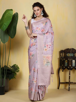 MEENA BAZAAR - Digital Printed Tussar Lavender Saree with Unstitched Blouse