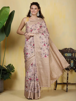 MEENA BAZAAR - Digital Printed Tussar Beige Saree with Unstitched Blouse