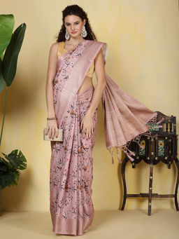 MEENA BAZAAR - Digital Printed Tussar Pink Saree with Unstitched Blouse