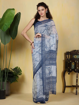 MEENA BAZAAR - Digital Printed Georgette Blue Saree with Unstitched Blouse