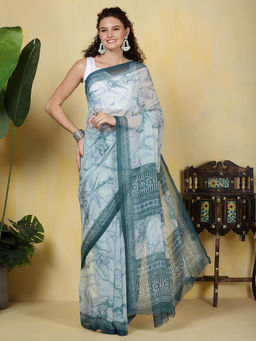 MEENA BAZAAR - Digital Printed Georgette Green Saree with Unstitched Blouse