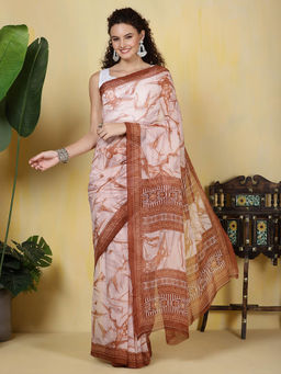 MEENA BAZAAR - Digital Printed Georgette Peach Saree with Unstitched Blouse