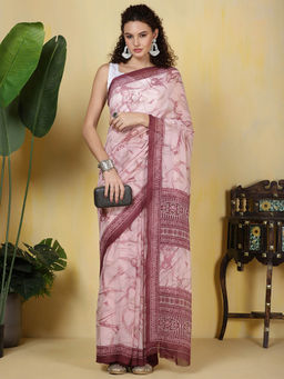 MEENA BAZAAR - Digital Printed Georgette Pink Saree with Unstitched Blouse