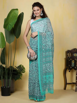 MEENA BAZAAR - Digital Printed Georgette Sea Green Saree with Unstitched Blouse