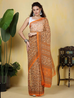 MEENA BAZAAR - Digital Printed Georgette Orange Saree with Unstitched Blouse