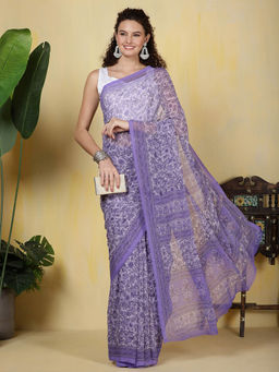 MEENA BAZAAR - Digital Printed Georgette Purple Saree with Unstitched Blouse