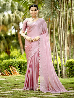 MEENA BAZAAR - Cut Dana Embroidered Chinnon Saree with Unstitched Blouse